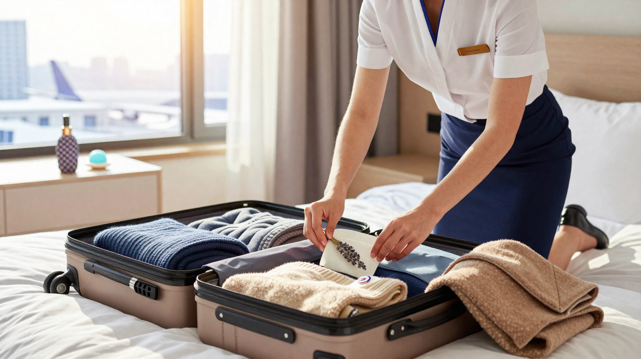 Funcionária de hotel arrumando mala aberta sobre cama em quarto com janela e vista para avião.