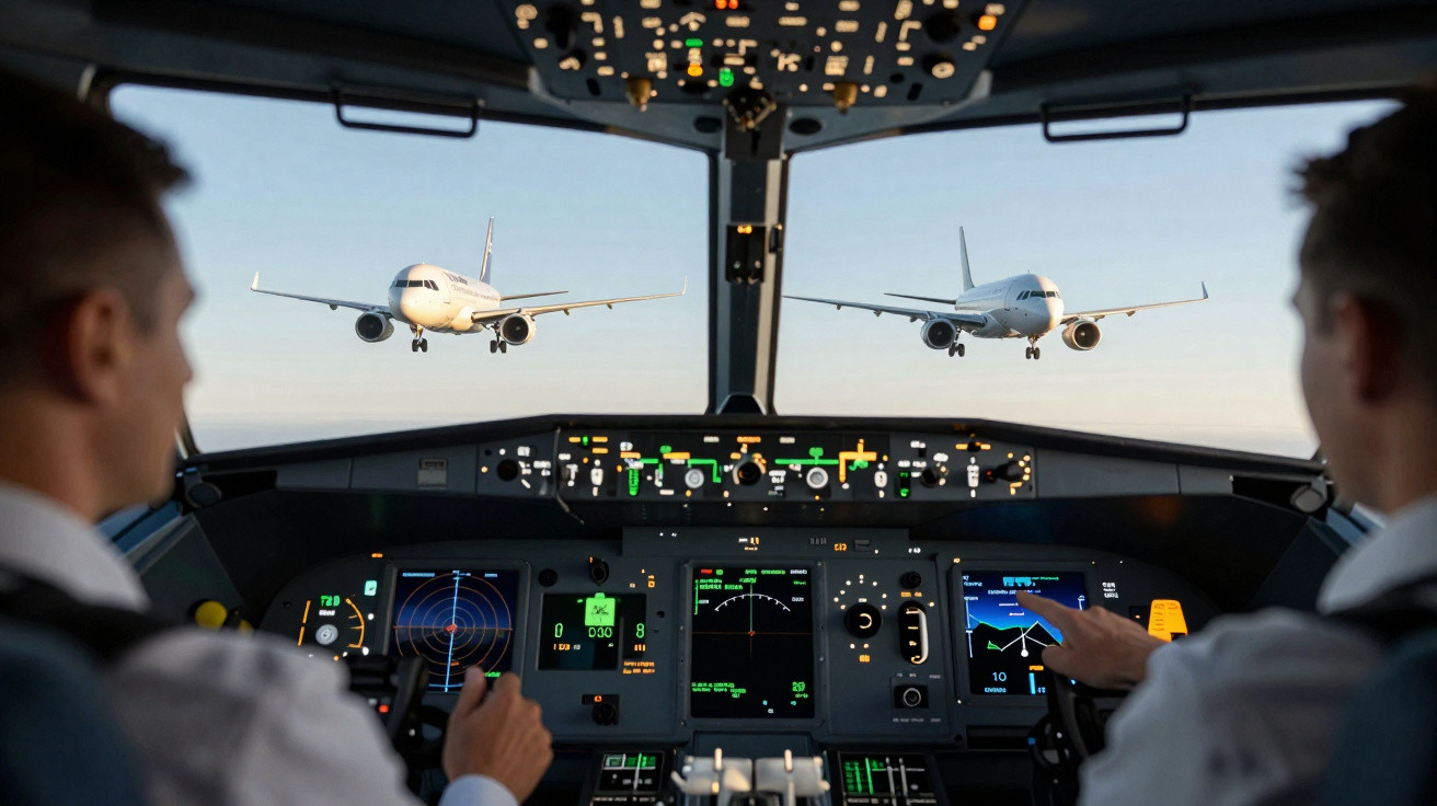 Cabine de avião com dois pilotos e duas aeronaves se aproximando para pouso ao longe.