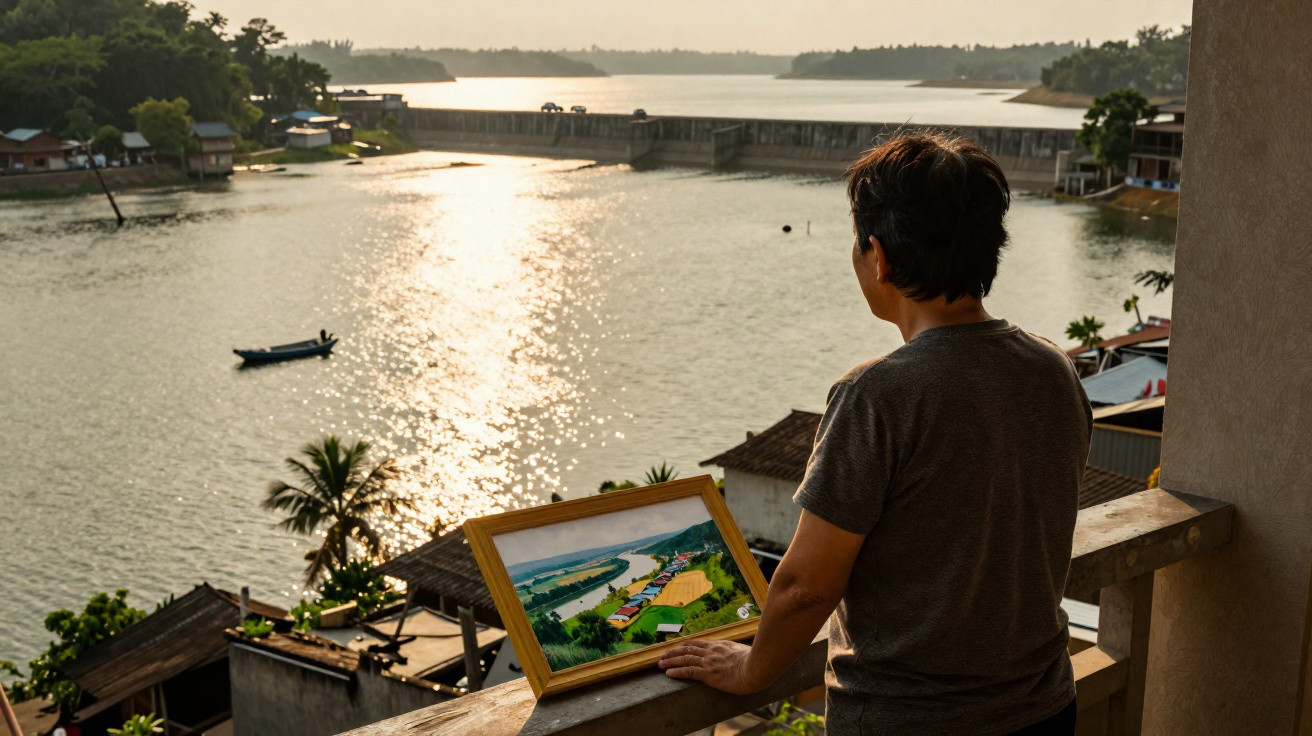 Pessoa observando o pôr do sol à beira de um rio, segurando uma pintura da paisagem local.