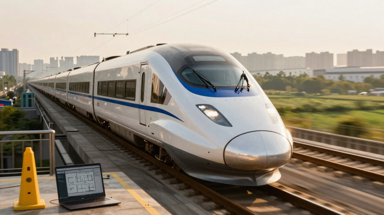 Trem-bala branco e azul em trilhos com laptop aberto e cones em plataforma ao lado, área urbana ao fundo.