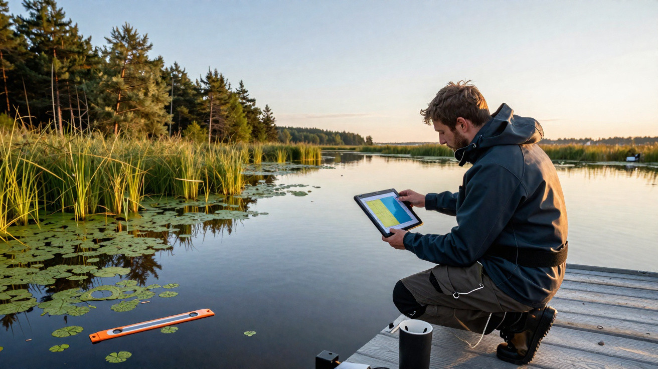 Homem usando tablet para monitorar qualidade da água em lago tranquilo com vegetação e céu ao entardecer.