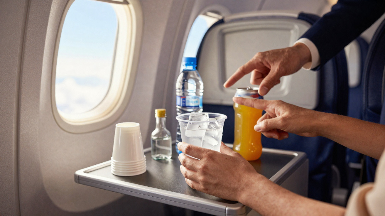Mãos segurando copo com gelo e lata de refrigerante em bandeja de avião junto a garrafa e copos descartáveis.