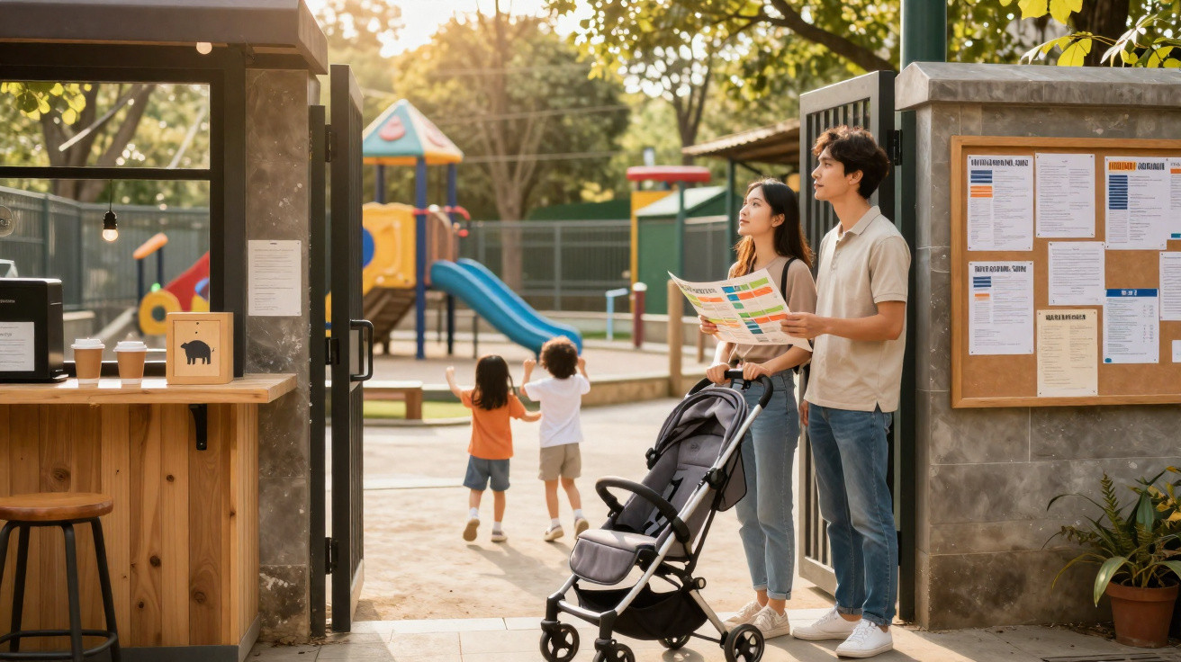 Casal com carrinho de bebê observa mapa na entrada de parque infantil com crianças brincando.