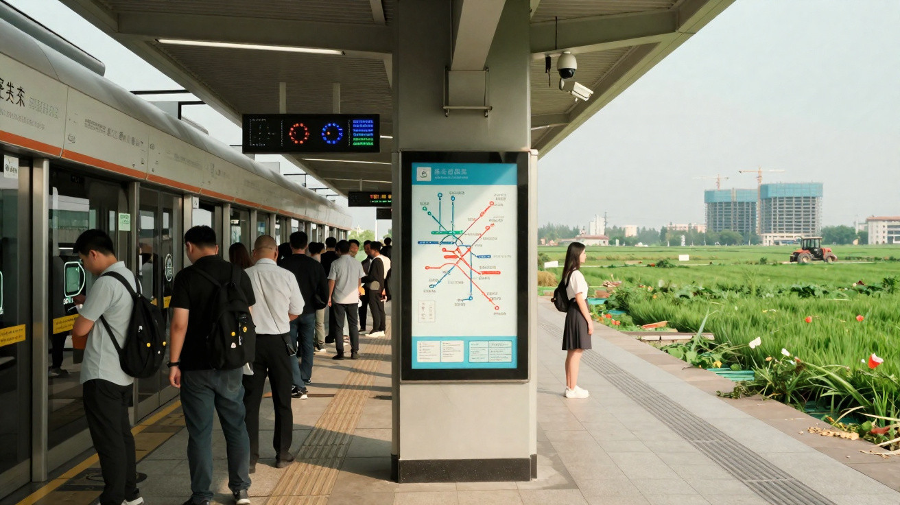 Plataforma de metrô com passageiros alinhados esperando e mulher solitária olhando para área verde ao lado.