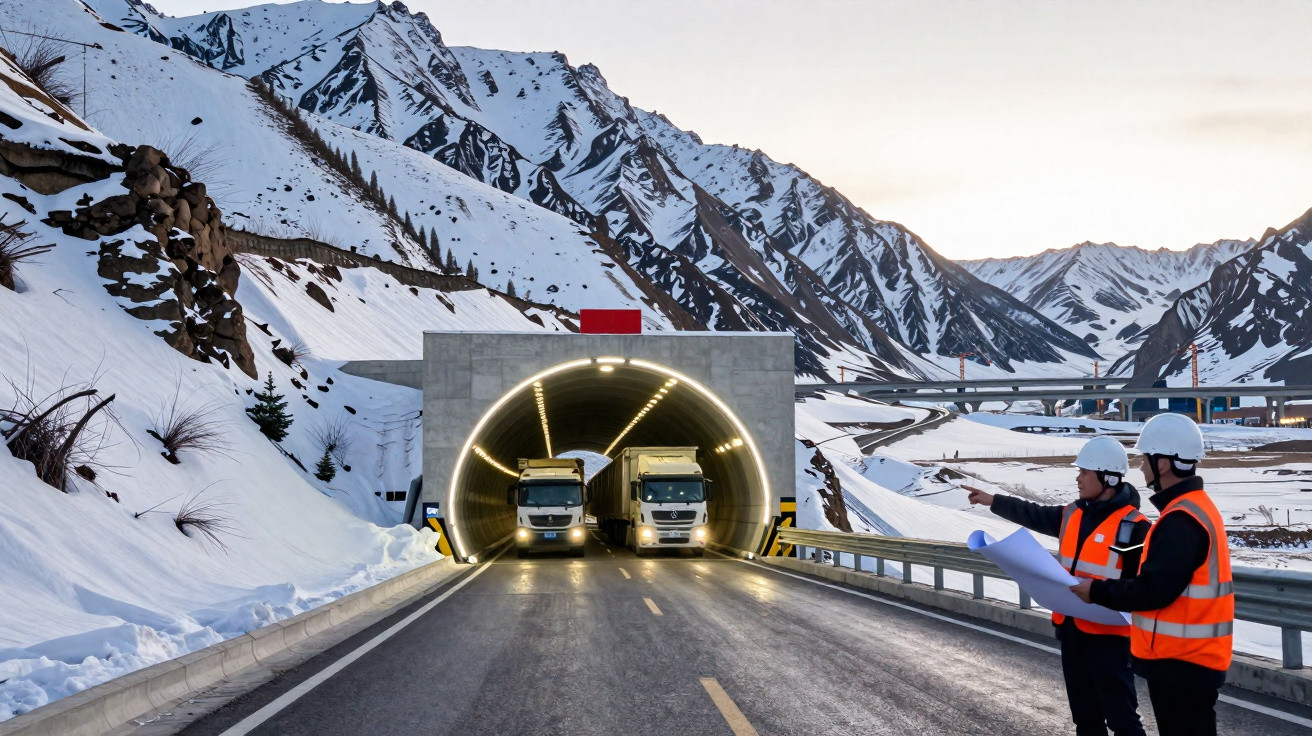 Entrada de túnel iluminado na estrada cercada por montanhas nevadas com dois caminhões e dois trabalhadores com capacete.
