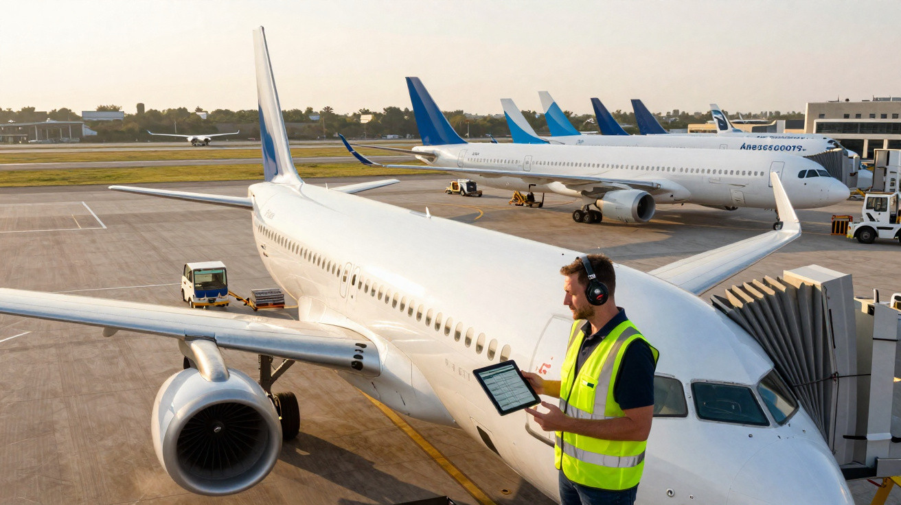 Homem com colete refletivo e fone verifica tablet ao lado de avião parado em portão de aeroporto.