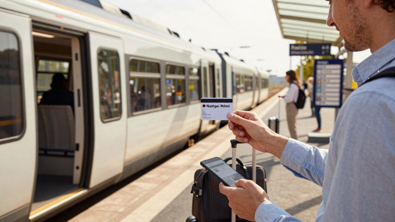 Homem na plataforma segura cartão de transporte digital e smartphone próximo a trem com portas abertas.