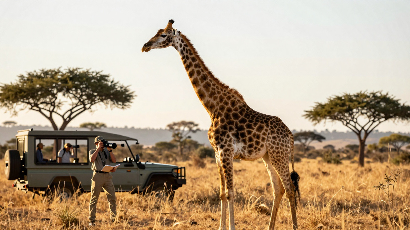 Girafa na savana com turista fotografando e veículo de safari ao fundo em cenário de pôr do sol.
