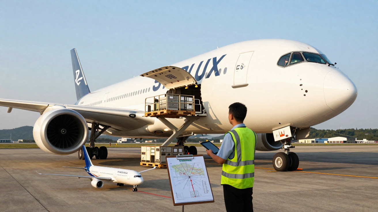 Avião cargueiro com compartimento aberto e funcionário conferindo cargas no aeroporto.