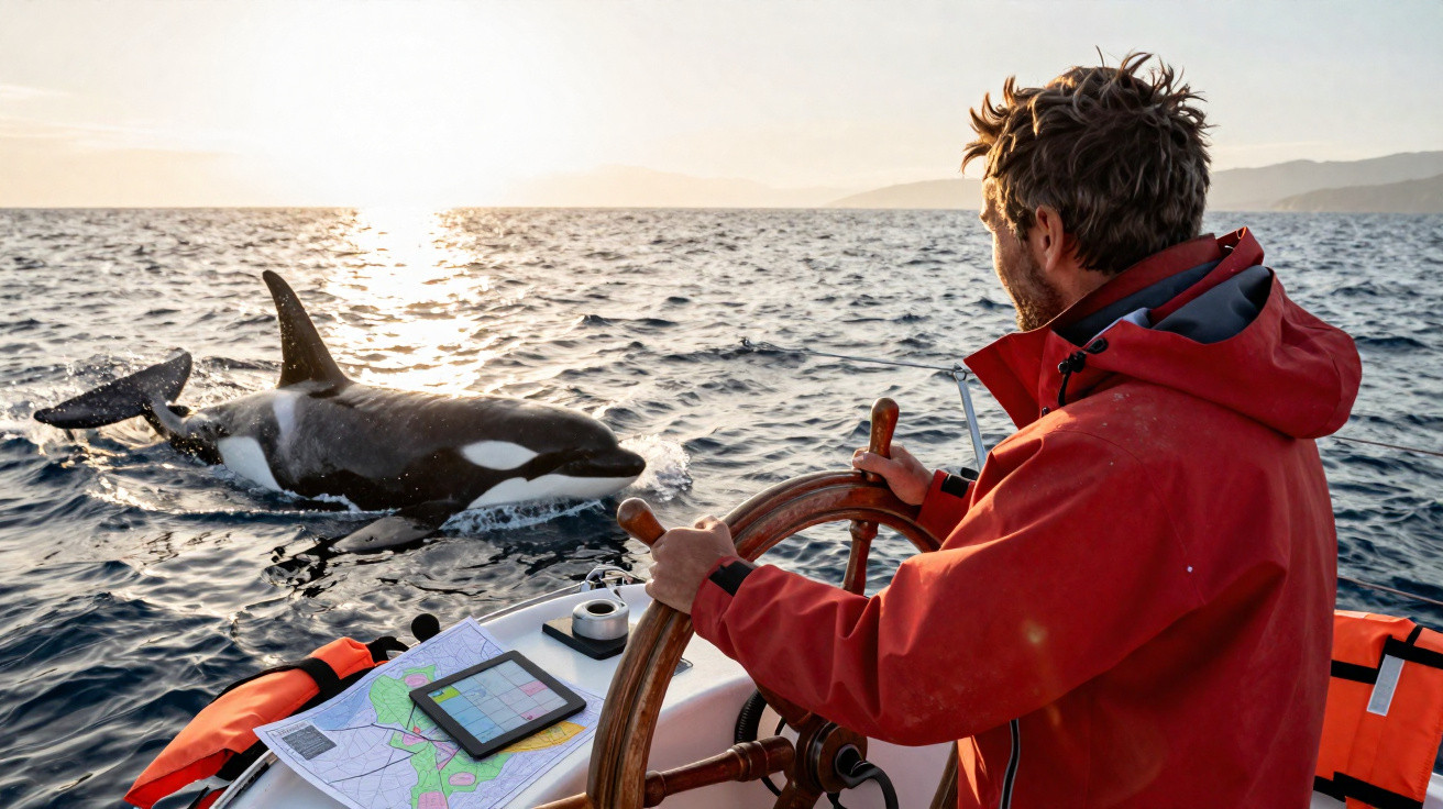 Homem de vermelho guia barco enquanto orca nada próxima ao pôr do sol no mar aberto.
