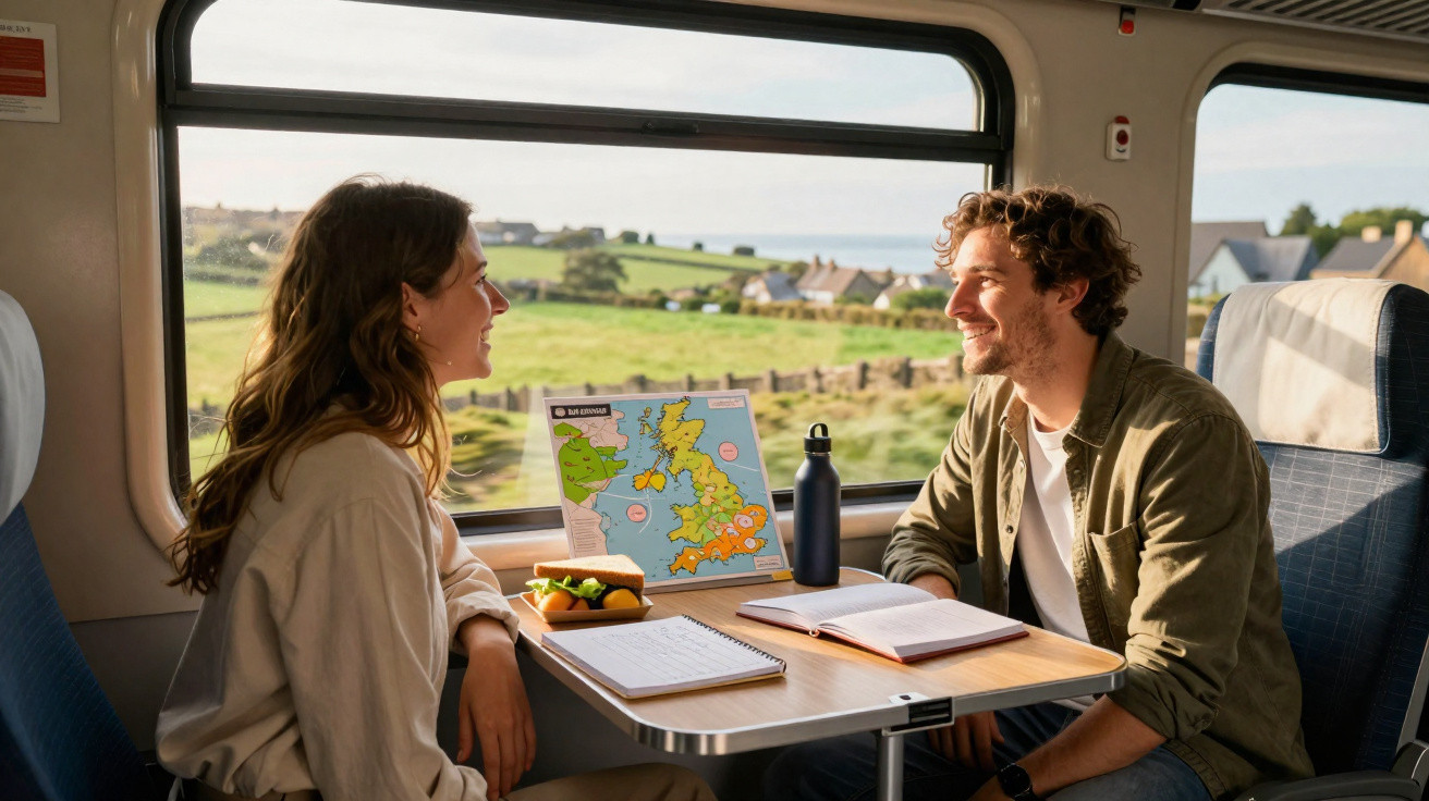 Casal sorridente sentado em um trem com mapa, caderno e lanche sobre a mesa ao lado da janela.