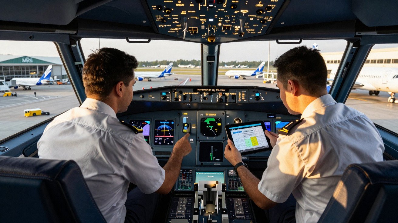 Dois pilotos em uniformes operam os controles de um avião no cockpit com visão para pista e aviões estacionados.