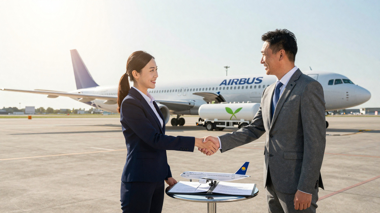 Dois profissionais de terno apertando as mãos na pista de aeroporto com avião Airbus ao fundo.