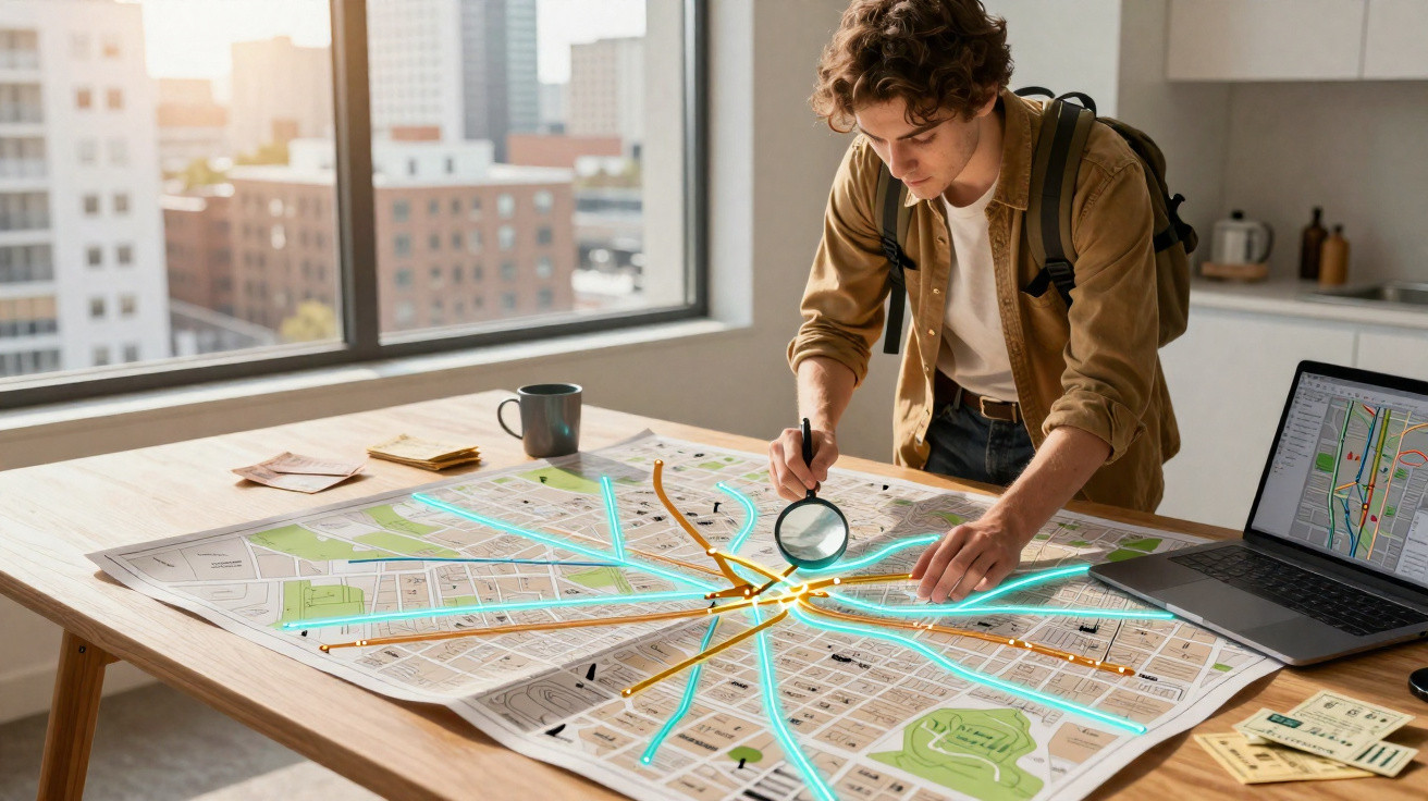 Jovem analisando mapa de cidade com lupa e linhas iluminadas sobre a mesa em escritório com janela grande.