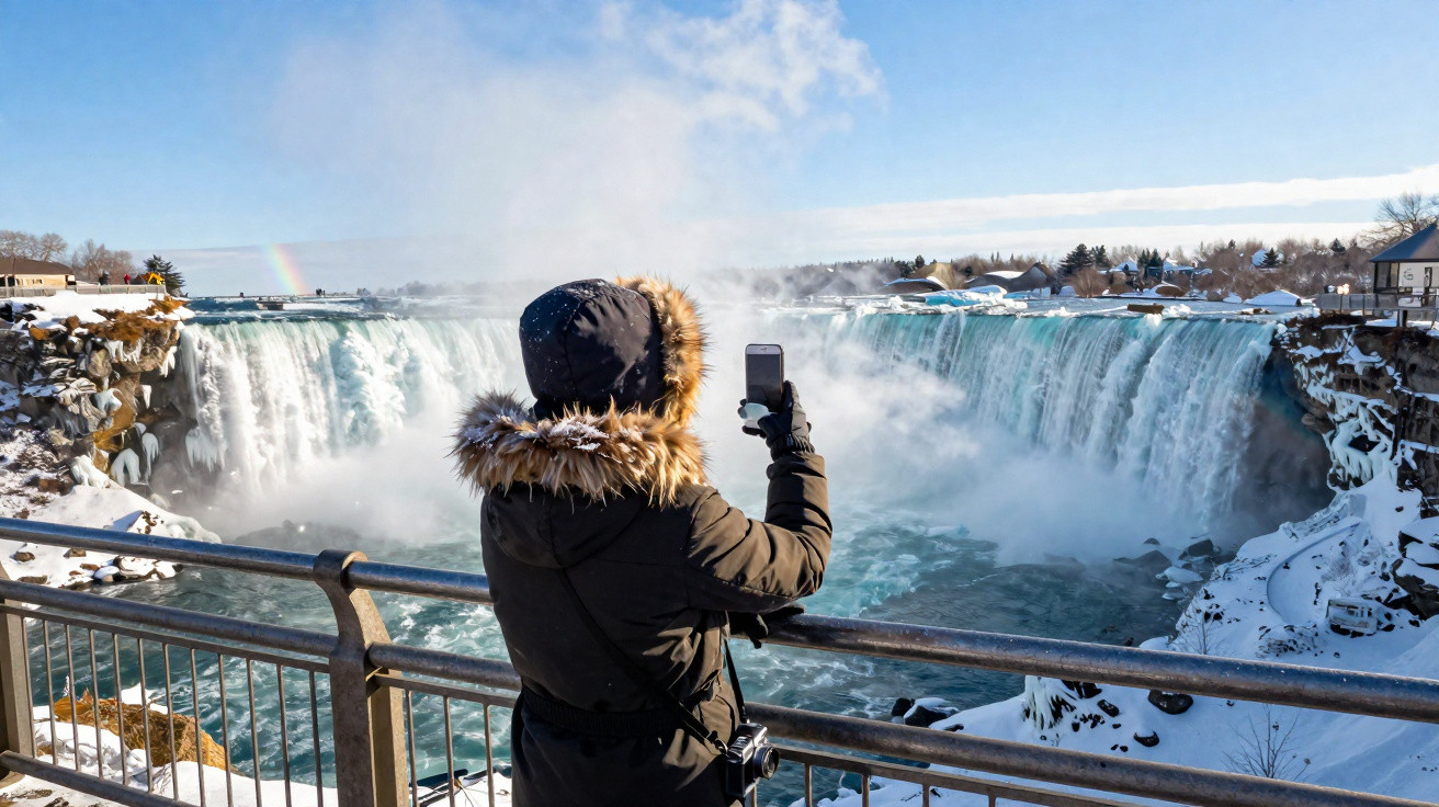 Pessoa com casaco de inverno tirando foto das Cataratas do Niágara com celular em dia ensolarado e neve.