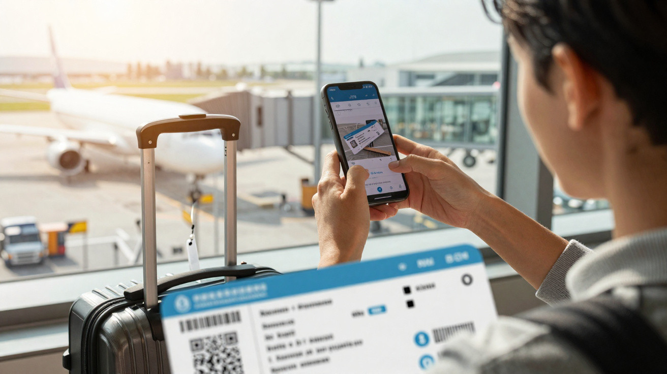 Pessoa em aeroporto segurando smartphone com cartão de embarque digital e mala preta próxima à janela do avião.