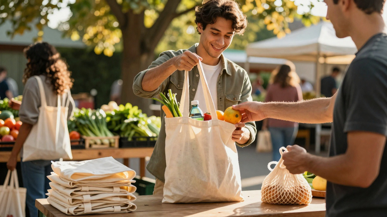 Homem sorridente recebendo laranja em feira ao ar livre enquanto segura sacola ecológica com verduras.