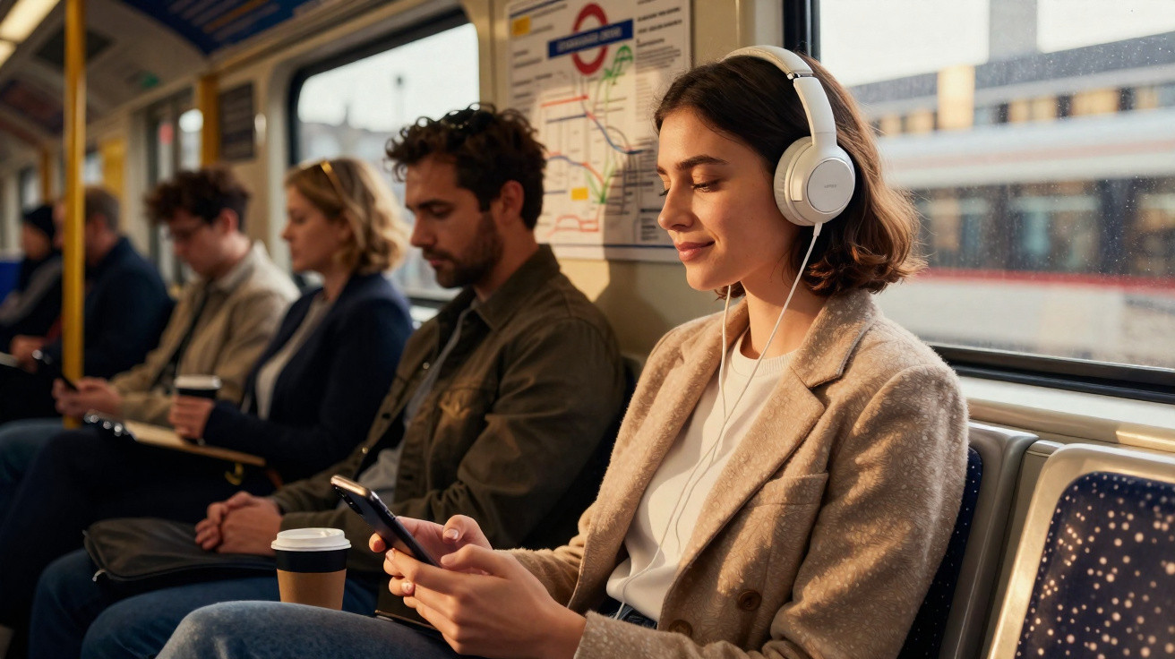 Jovem com fones ouvindo música e mexendo no celular em trem, pessoas ao fundo também usam celulares e café.