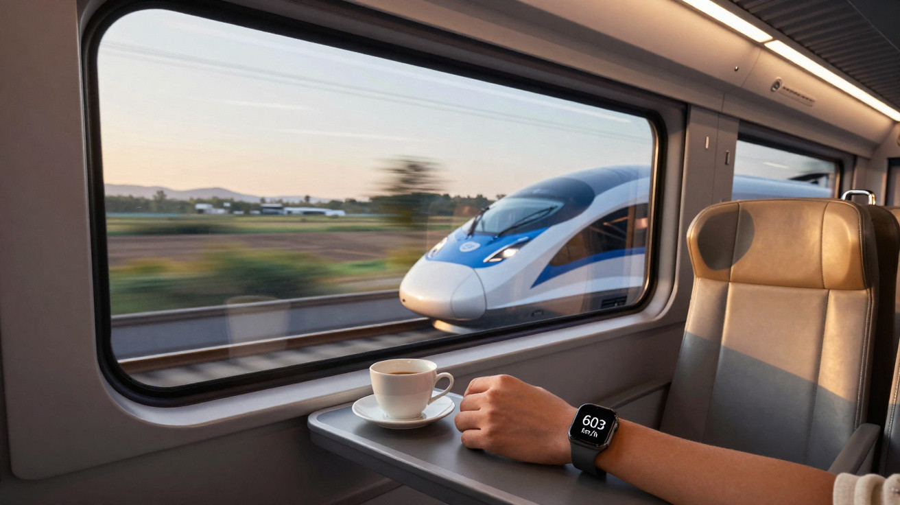 Mão com relógio inteligente mostrando 60,3 km/h perto de xícara, com trem de alta velocidade passando na janela.