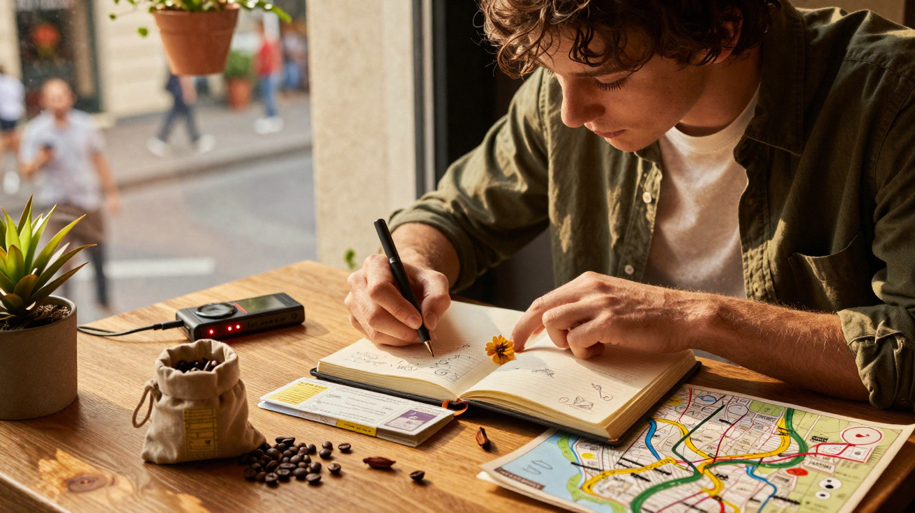 Jovem escrevendo em caderno em mesa com plantas, mapa, café e dispositivo eletrônico próximo à janela.