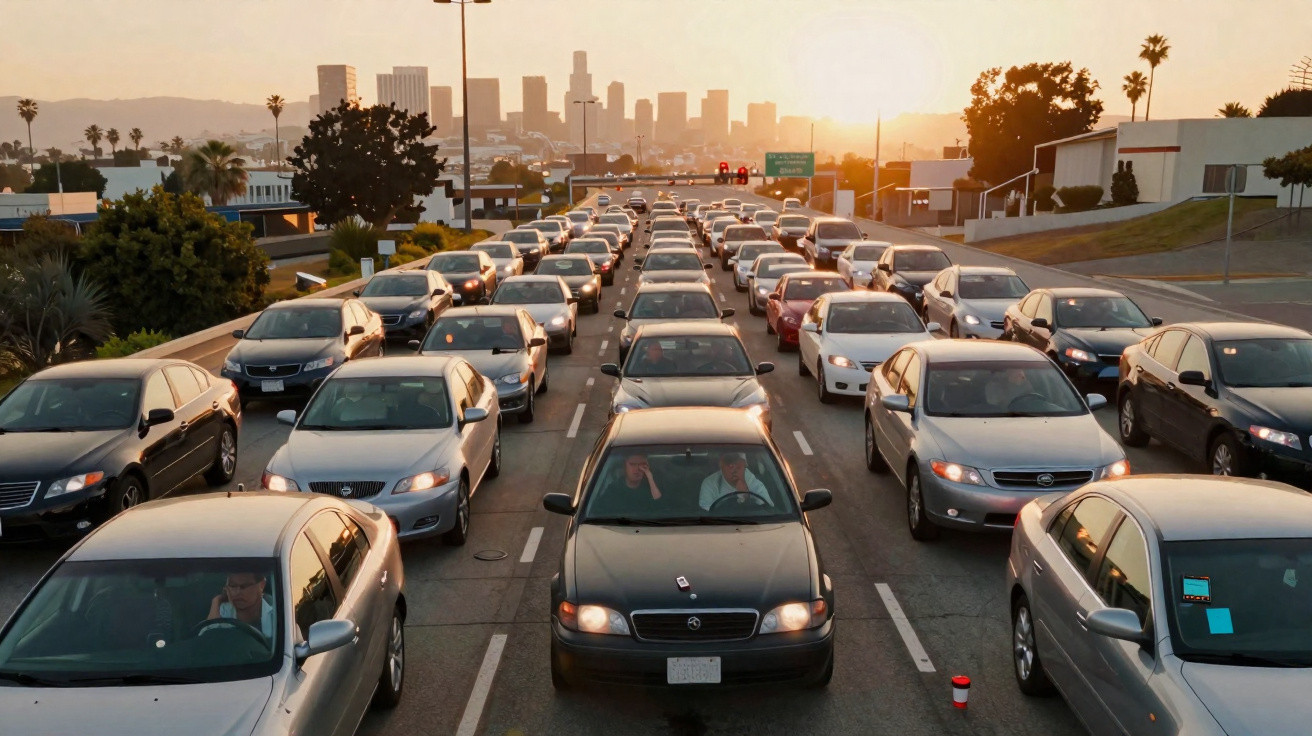 Trânsito intenso em rua movimentada com carros parados ao pôr do sol, cidade ao fundo com prédios altos.