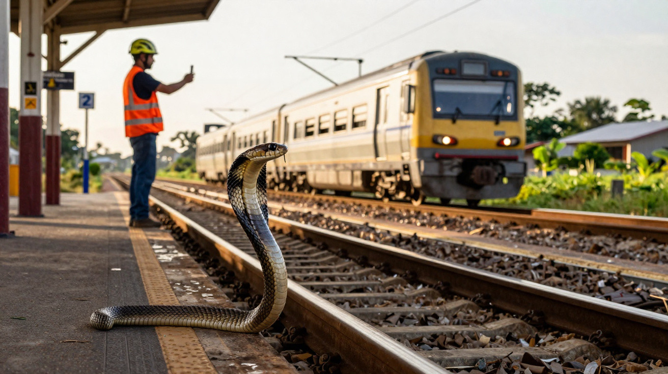 Cobra na linha do trem próximo a trabalhador de segurança com colete e capacete em estação ferroviária.