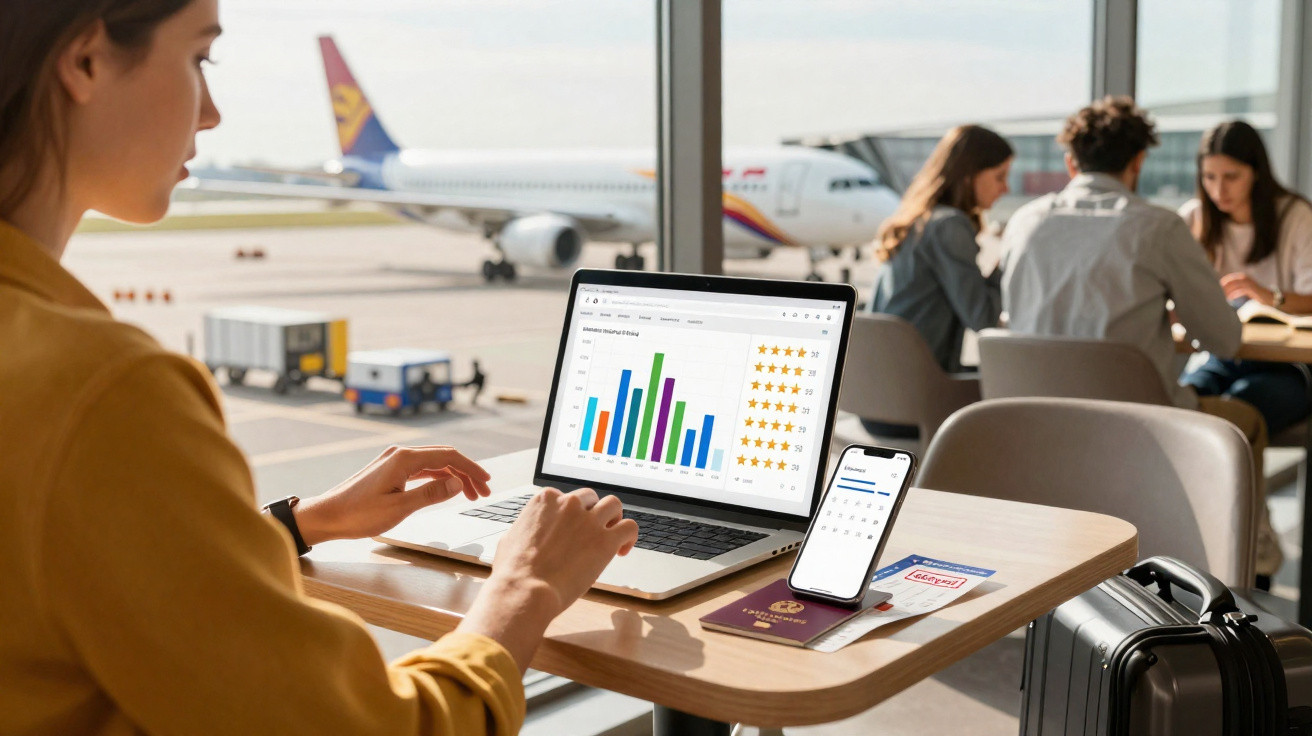 Mulher usando laptop com gráficos em área de espera de aeroporto, com avião ao fundo e mala na mesa.
