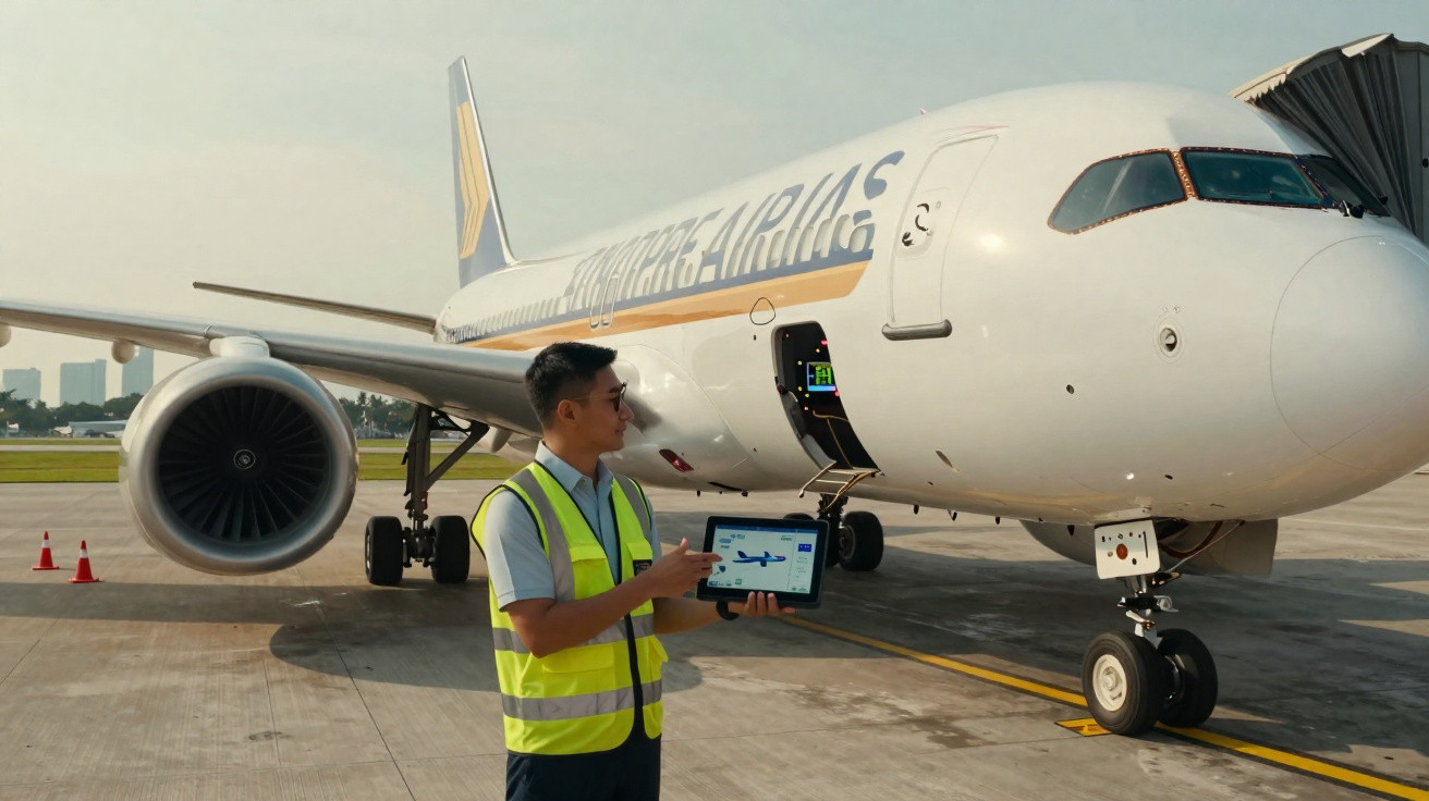 Homem com colete amarelo segurando tablet ao lado de avião Singapore Airlines estacionado no aeroporto.