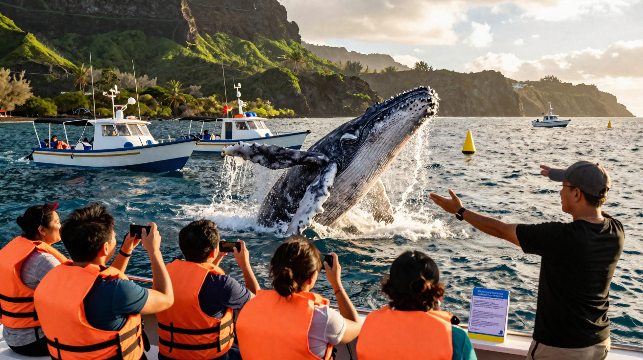 Turistas com coletes laranja observam e fotografam baleia jubarte saltando próxima a barcos em área costeira.