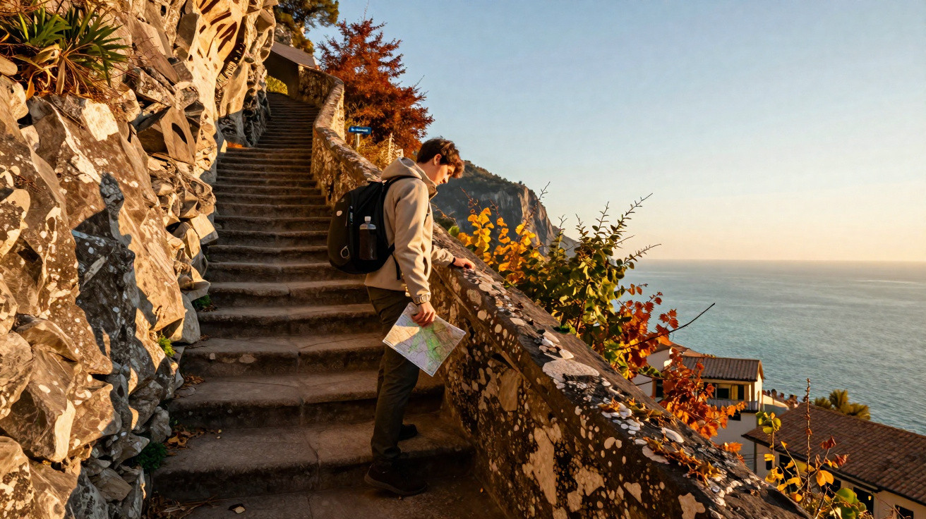 Homem com mochila segura mapa e observa vista do mar em escadaria de pedra ao pôr do sol.