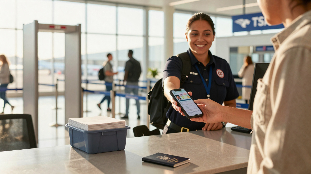Agente da TSA sorridente verifica documento digital de passageiro em aeroporto moderno.
