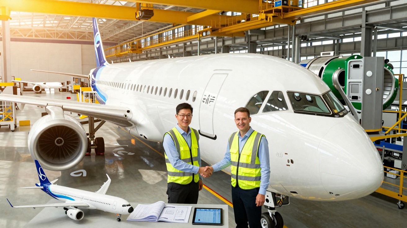 Dois engenheiros de segurança apertam as mãos na frente de um avião em hangar industrial.