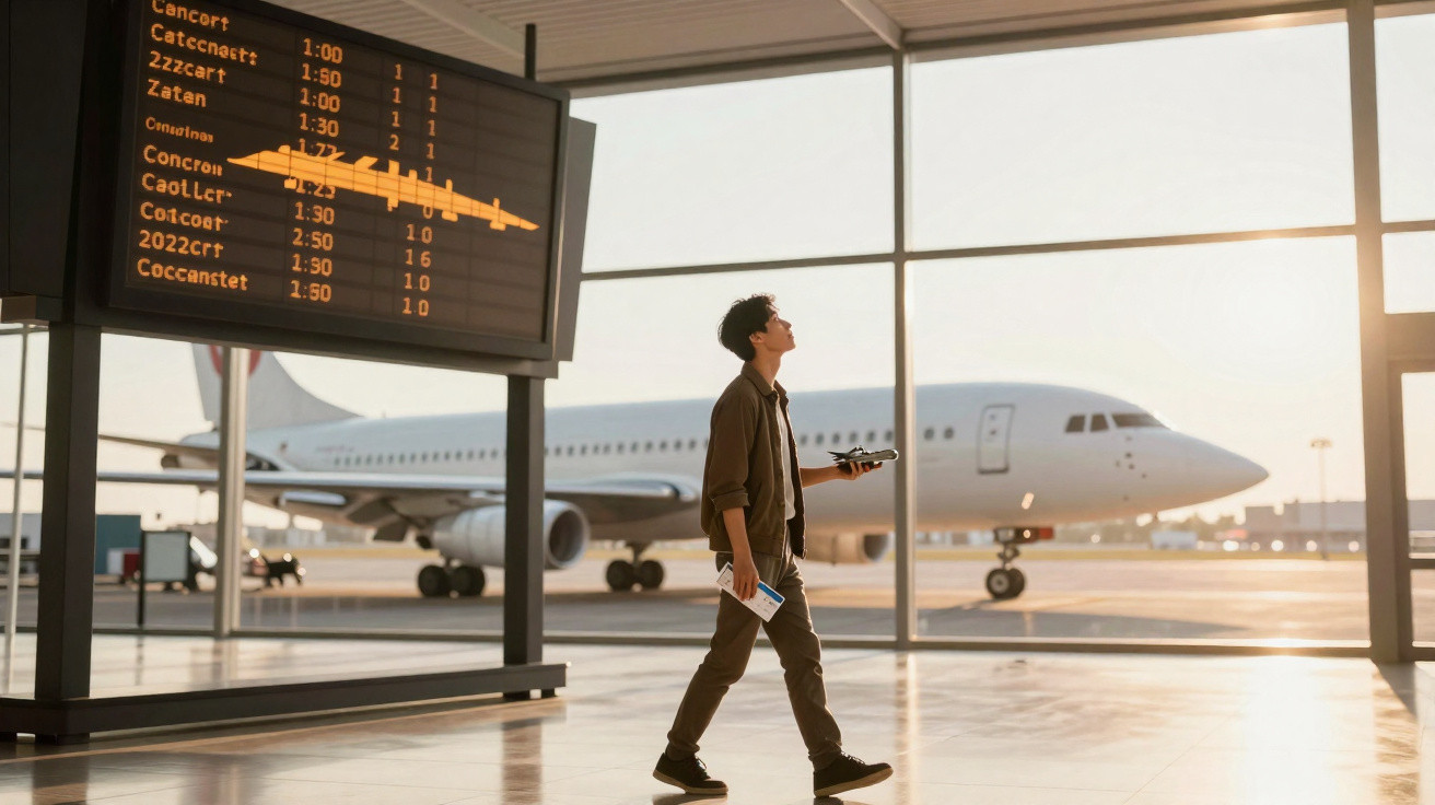Homem com passaporte e celular caminhando no aeroporto próximo a avião e painel de voos ao pôr do sol.