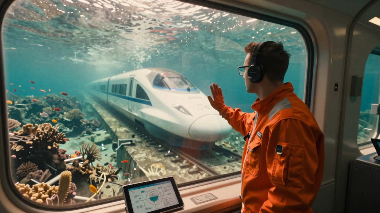 Homem com fones observa trem de alta velocidade passando por túnel subaquático com corais e peixes.