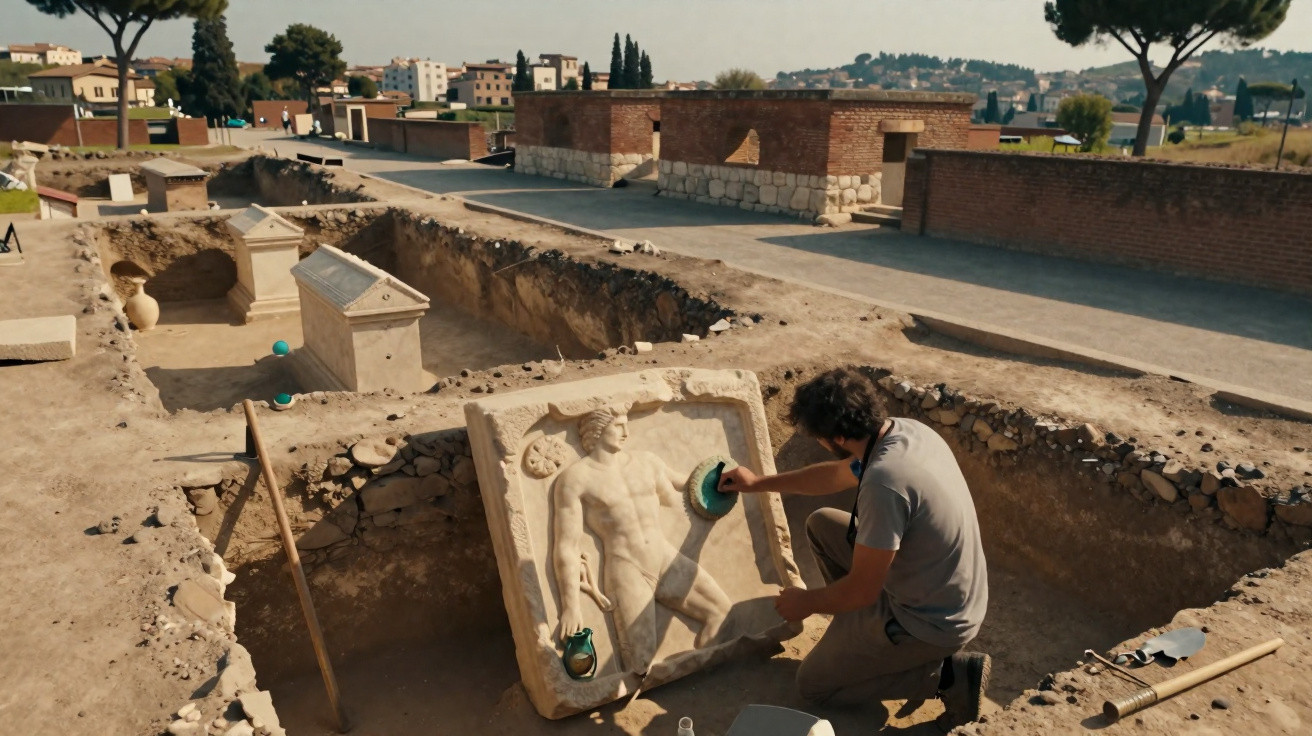 Arqueólogo limpando relevo de escultura antiga em escavação arqueológica ao ar livre.
