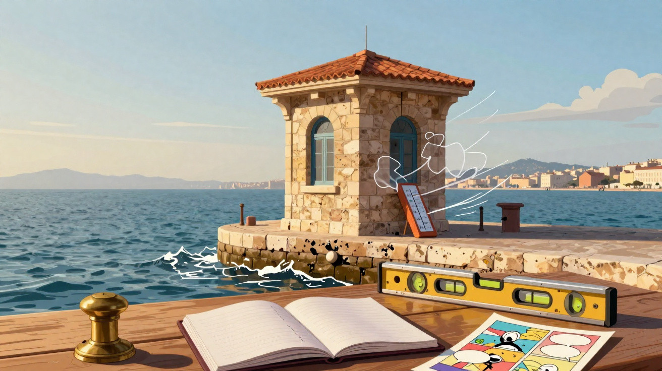 Pier de pedra com torre pequena à beira-mar e livro aberto, nível e quadrinhos sobre o deque de madeira.