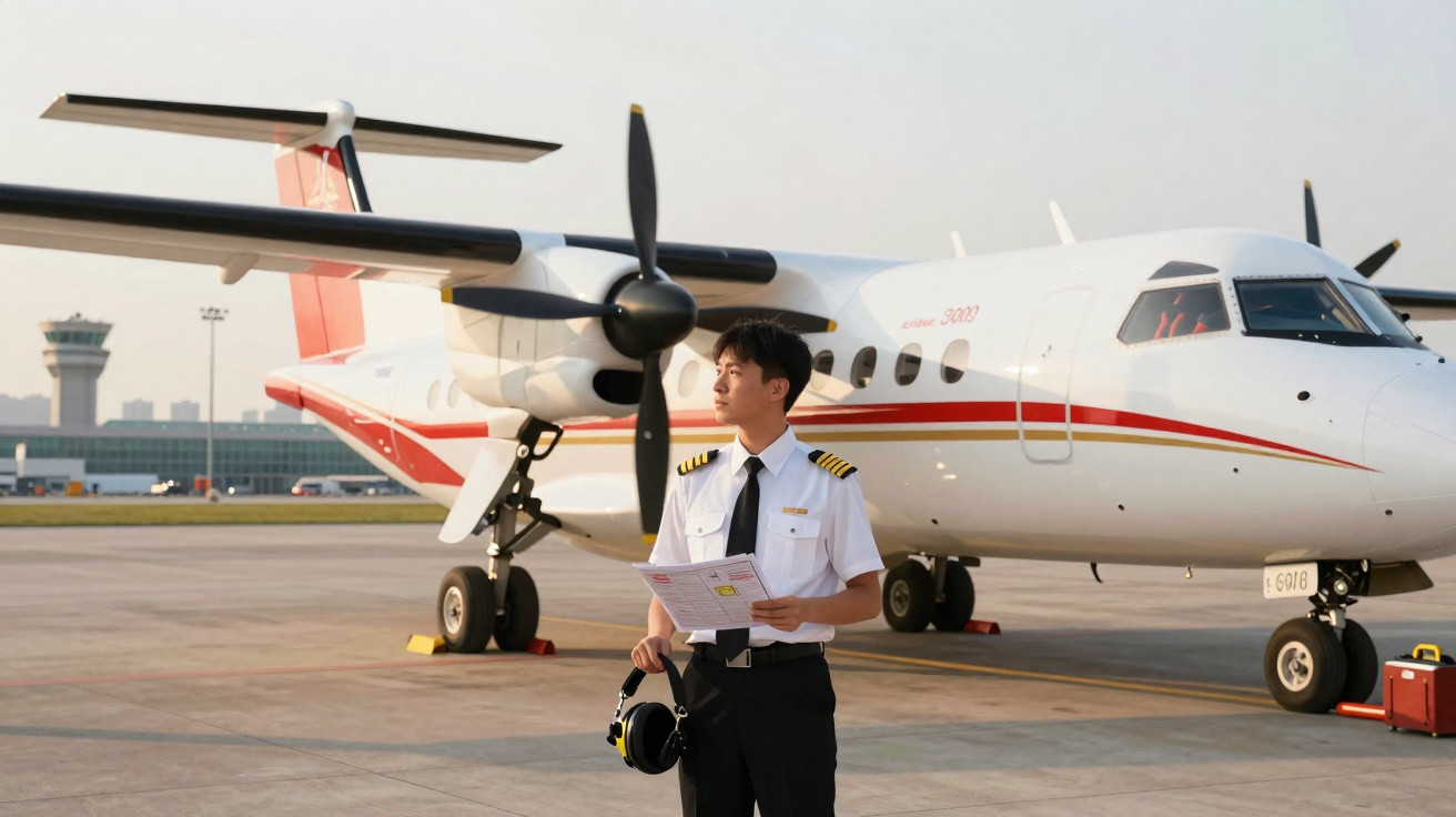 Piloto jovem em uniforme branco segura tablet em frente a avião turbopropulsor no aeroporto ao pôr do sol.