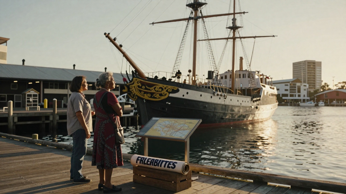 Duas pessoas observam um navio antigo atracado em um píer durante o pôr do sol.