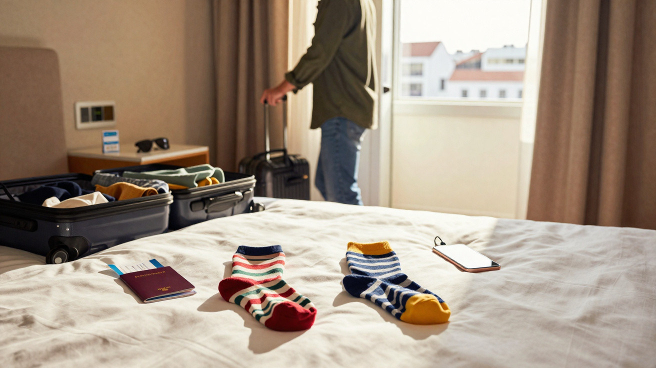Pessoa se preparando para viagem em quarto com mala aberta, meias coloridas, passaporte e celular sobre cama branca.