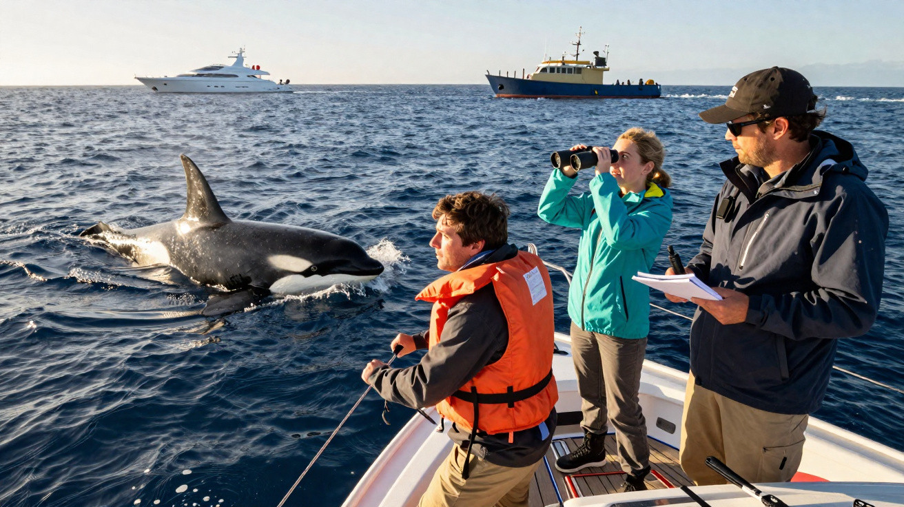 Pessoa observando e anotando avistamento de orca próxima a barco no oceano, com outros barcos ao fundo.