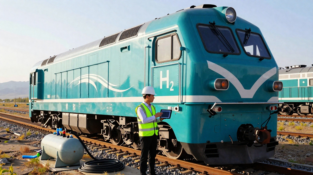 Homem com colete e capacete verifica trem movido a hidrogênio em ferrovia ao ar livre.