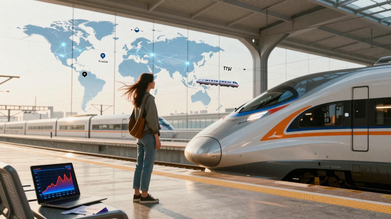 Mulher em plataforma de estação observando trem de alta velocidade com mapa mundi digital ao fundo.