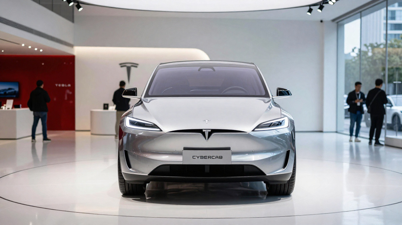 Pickup elétrica Tesla Cybercab prata em exposição, vista frontal, showroom moderno e iluminado.