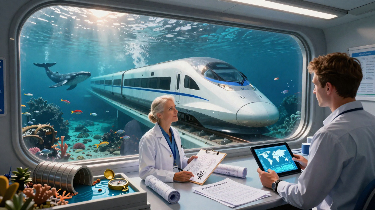 Dois cientistas observando trem submarino passando por túnel com vida marinha ao redor em laboratório.