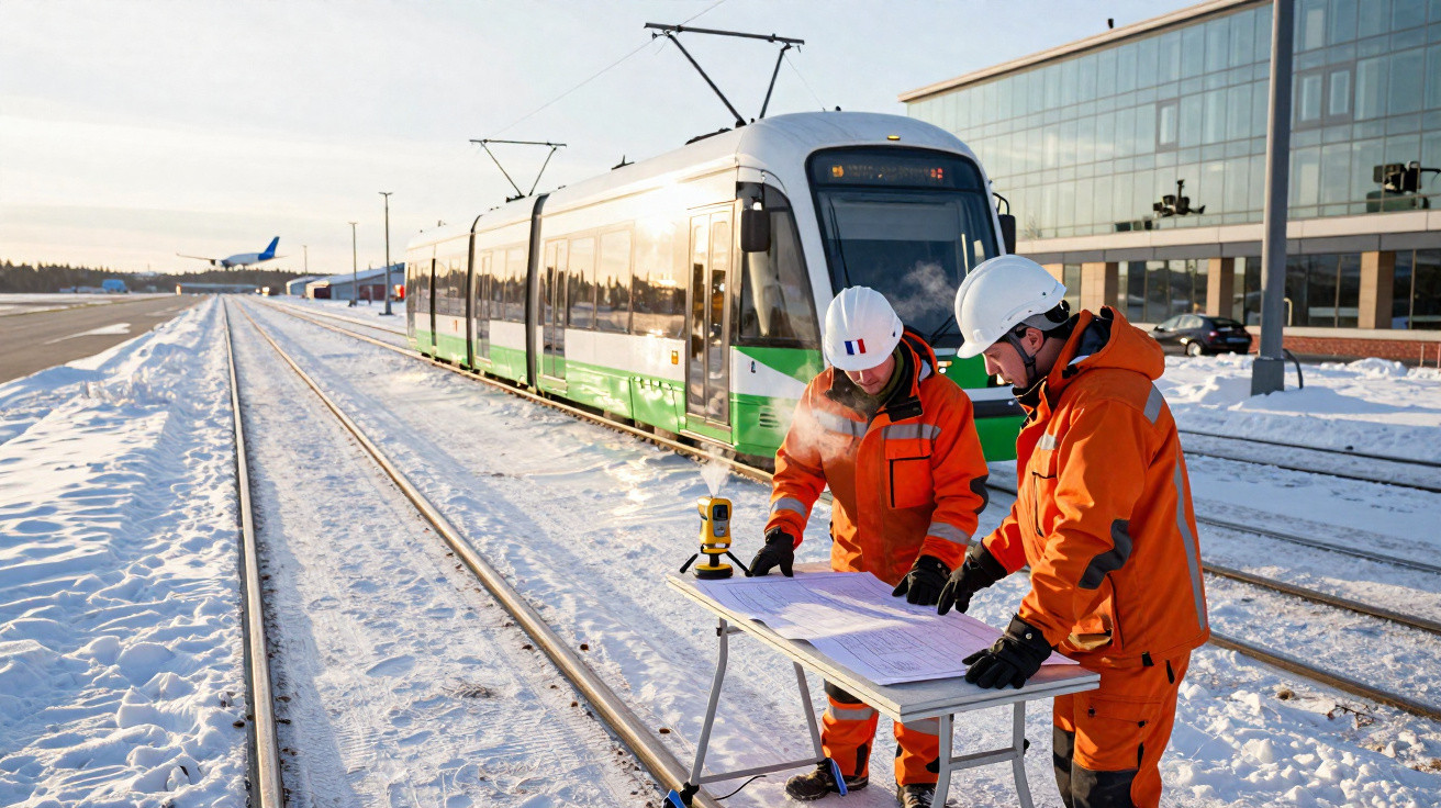 Dois trabalhadores com capacetes e roupas laranja revisam plantas ao lado de trem elétrico sobre trilhos em ambiente nevado.