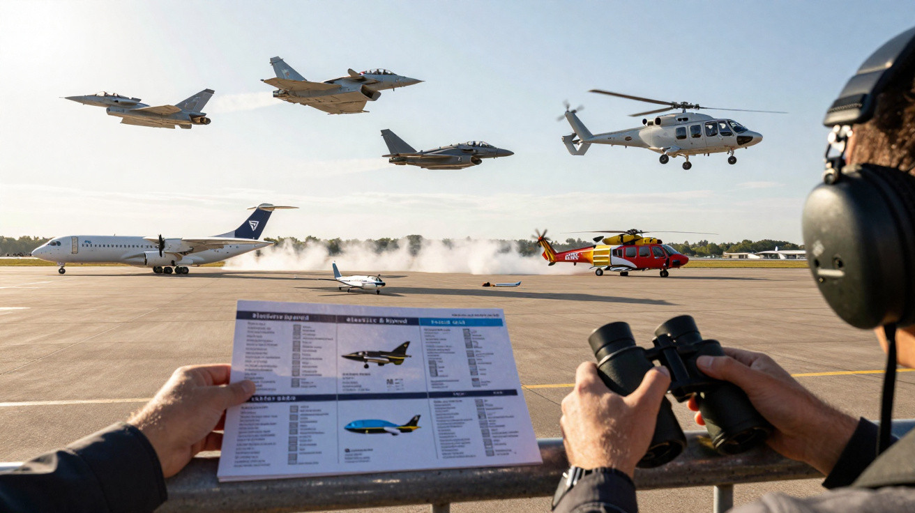 Pessoa observa com binóculo e folheto aviões e helicópteros voando sobre pista de aeroporto.