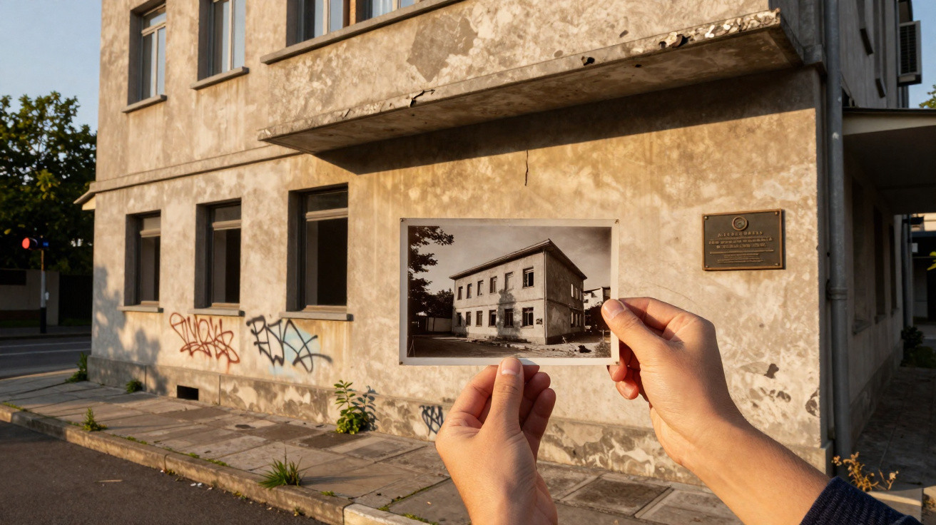 Mãos segurando foto antiga de prédio encarando o prédio atual com paredes desgastadas e grafites.