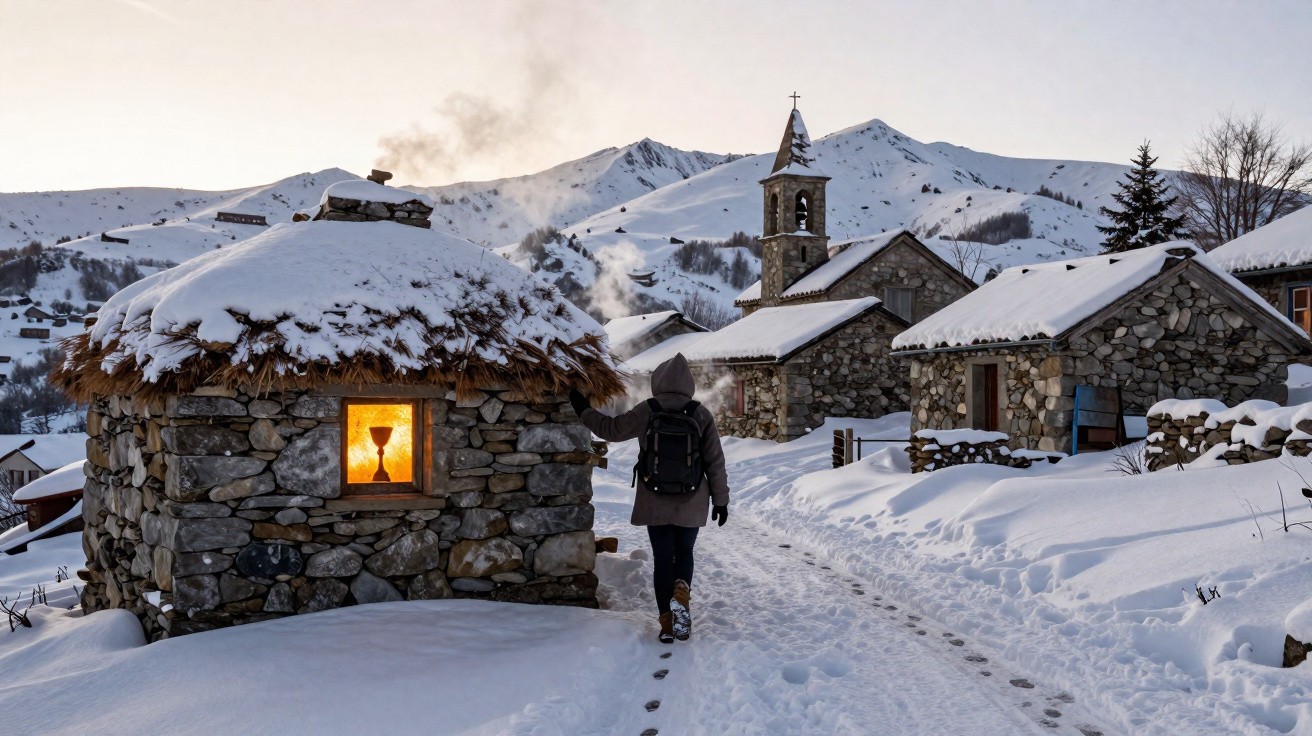 Pessoa com mochila caminha por vila de pedra coberta de neve ao entardecer, casas e igreja ao fundo nas montanhas.