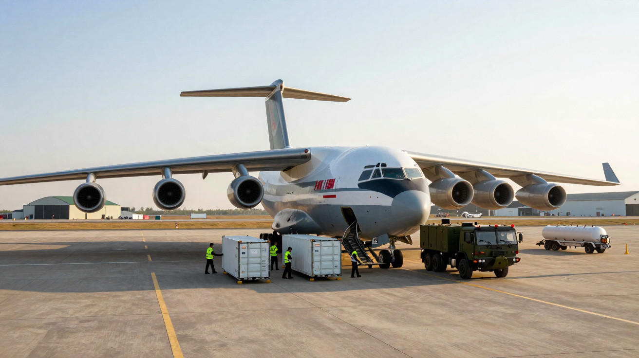 Avião militar grande sendo carregado com containers por várias pessoas em pista de aeroporto.