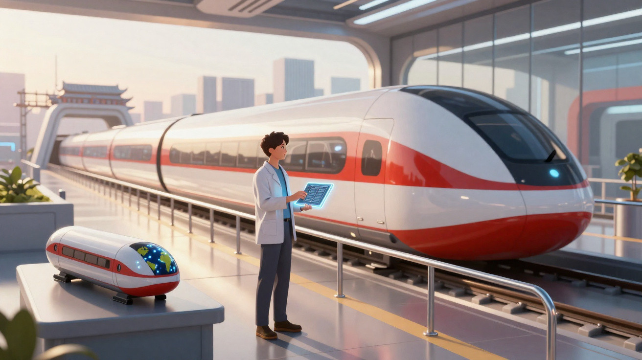 Homem analisando dados em tablet com trem futurista branco e vermelho em estação moderna ao fundo.